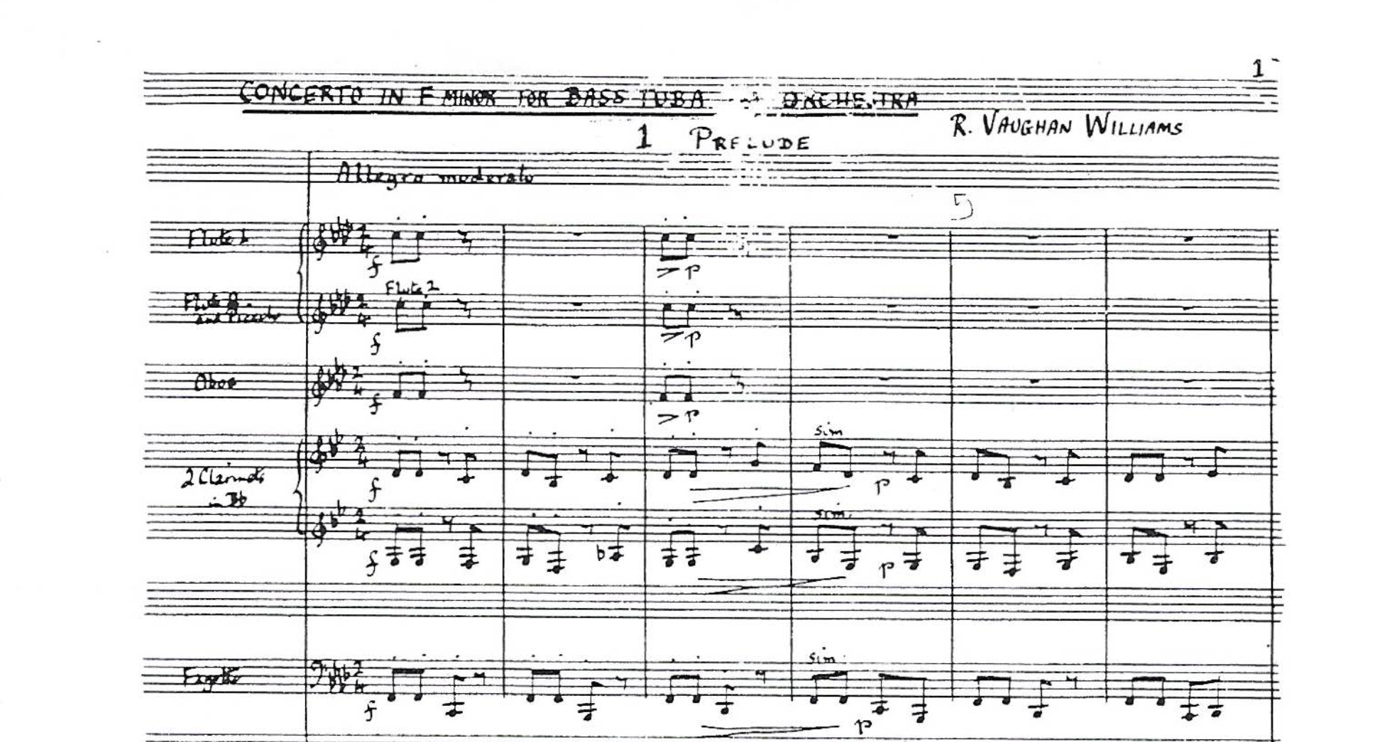 Concerto for Bass Tuba (Vaughan Williams): Manuscript Score & Composite Solo Part